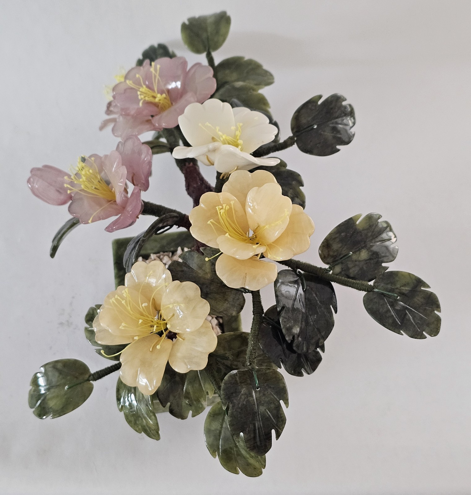 Vintage Chinese Jade Agate Floral Flower Tree Bonsai Sculpture 14″x9″x7″
