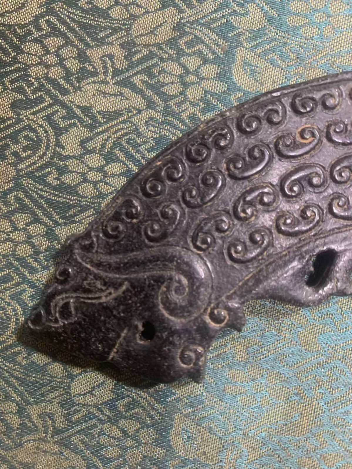 Large Chinese Old Black Jade Hand Carved *Han 2Dragons* 2Faces Huang Plaque