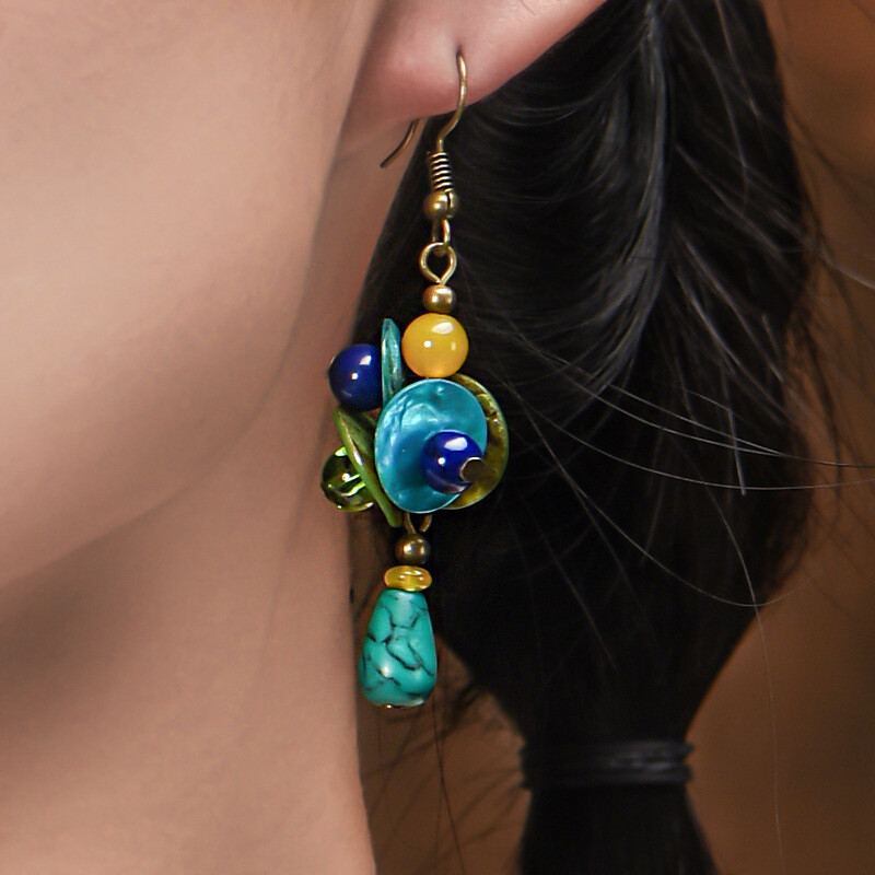 China Coloured Glaze/Turquoise/Conch Flower Tibetan Style Vogue Earbob Earrings