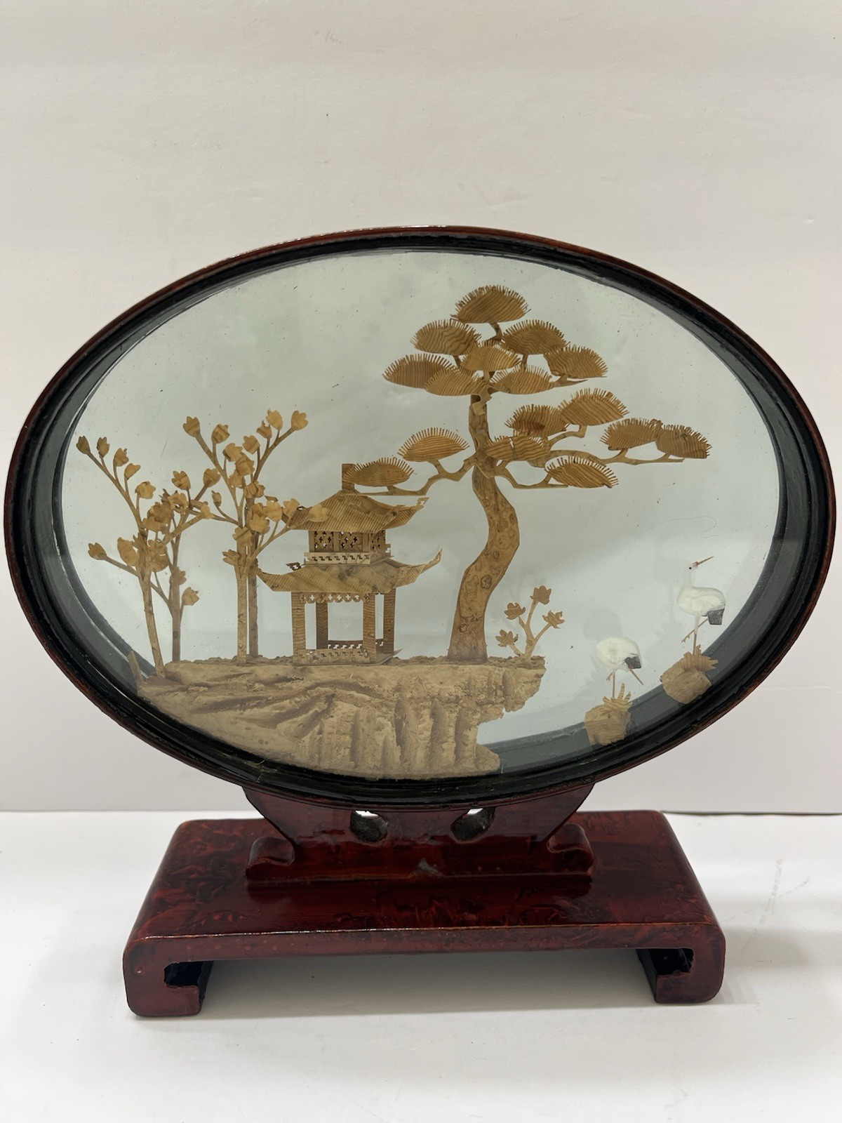 Vintage Chinese Hand Carved 3D Cork Diorama Framed Trees Pagoda Silk Crane 8×8”