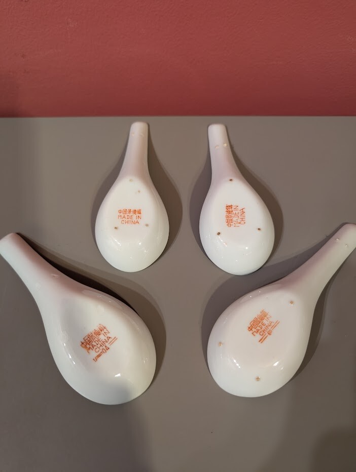 Vintage Mun Shou Red & Yellow Longevity Chinese Porcelain Soup Rice Spoons – 4