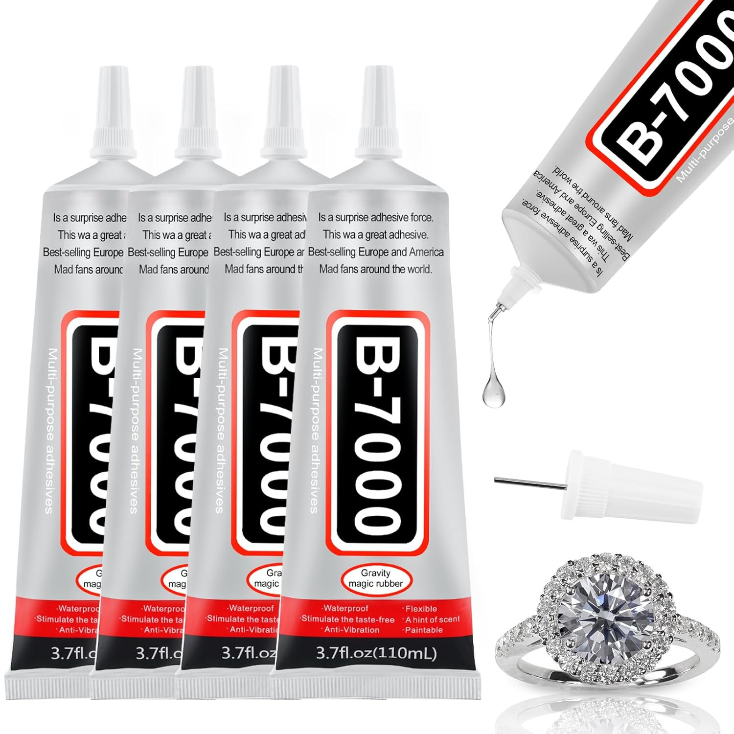 4 Pack 110ml B7000 Clear Super Glue with Precision Tip Bedazzling Kit Supplies