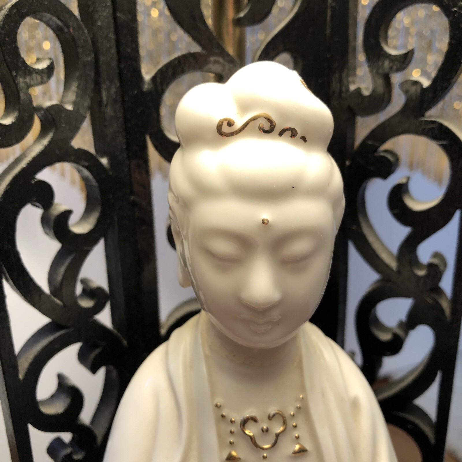 Blanc De Chine Buddha Figurine Lamp Green Shade Wooden Stand Vintage Asian Boho