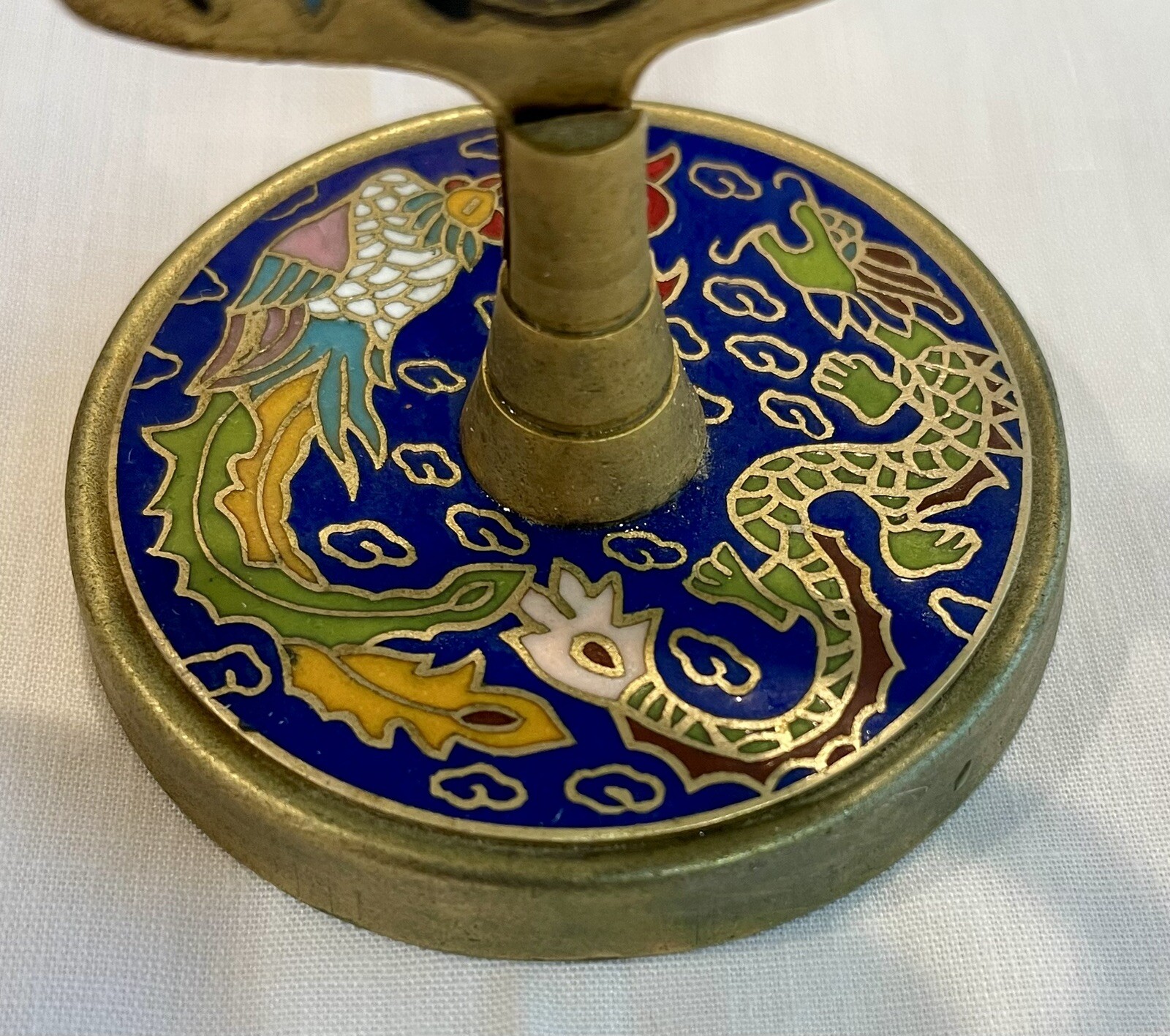 Vintage Suzhou Chinese Silk Embroidered Panda Cloisonné Enamel Metal Stand