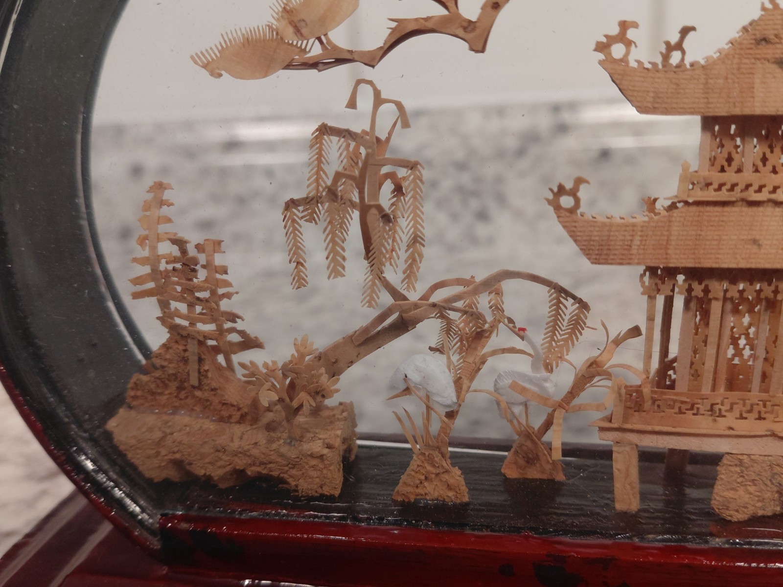 Vintage Oval Chinese Cork Art Diorama Shadow Box Pagoda Cranes Scene Glass Frame