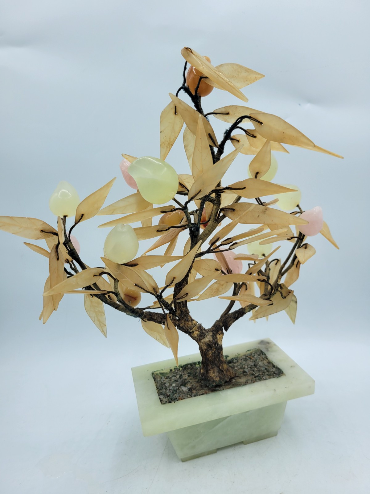 Antique Japanese Jade & Agate Stone Glass? Peach Bonsai Tree 10″ x 10″