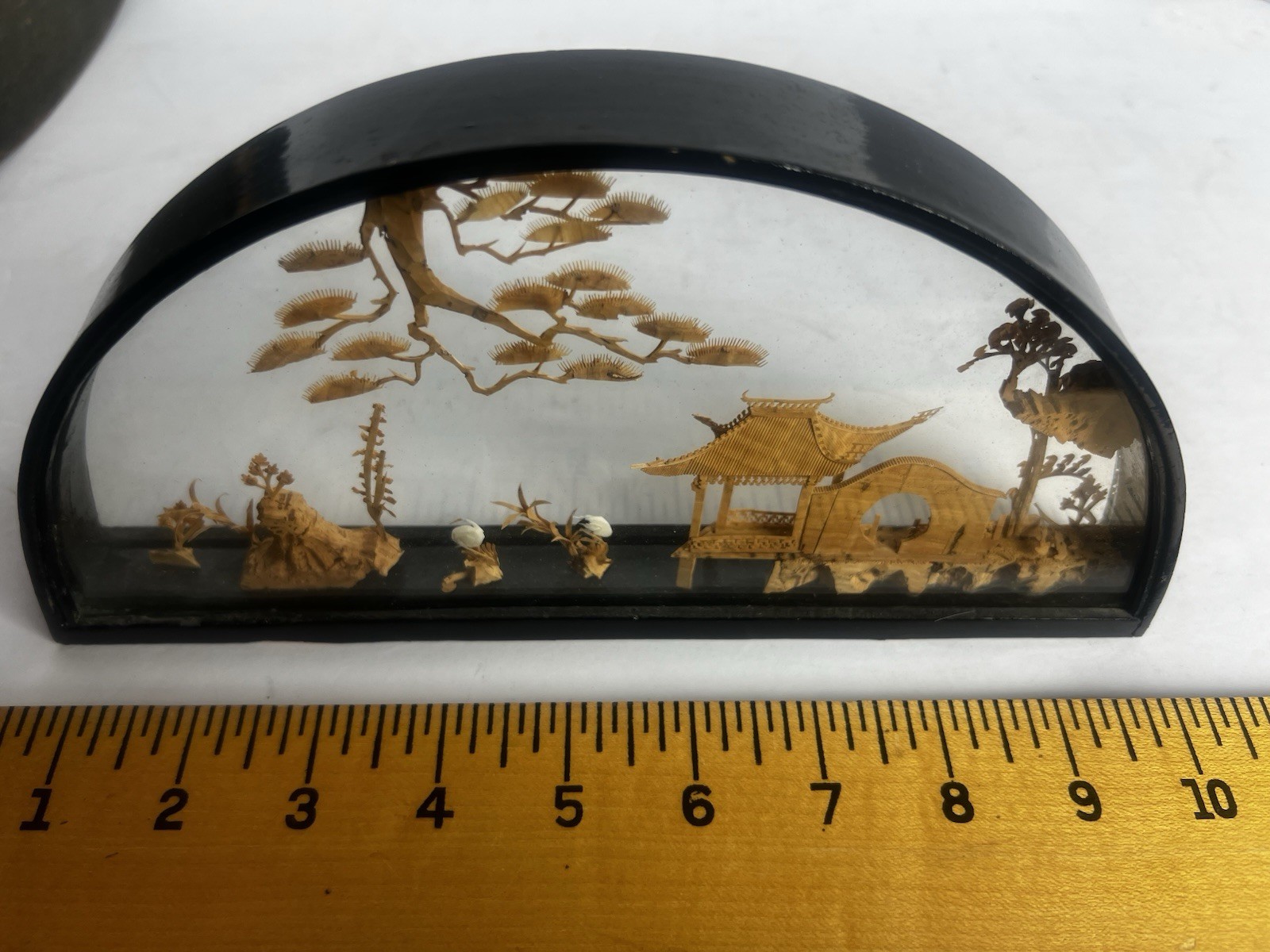 Chinese hand-carved cork diorama sculpture housed in a black wood and glass