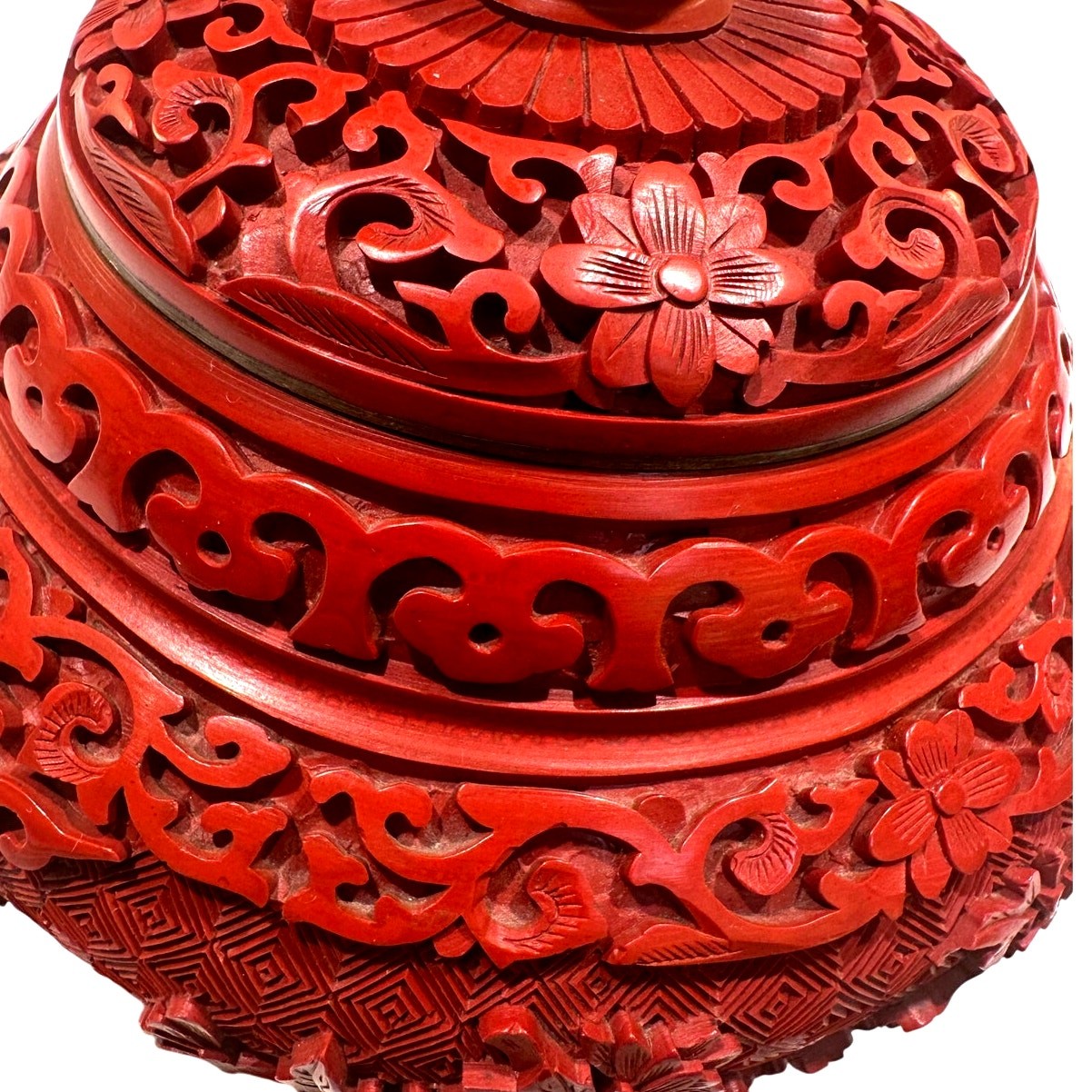 Antique Chinese Cinnabar Ornate Red Trinket Box Blue Enameled Brass Exquisite