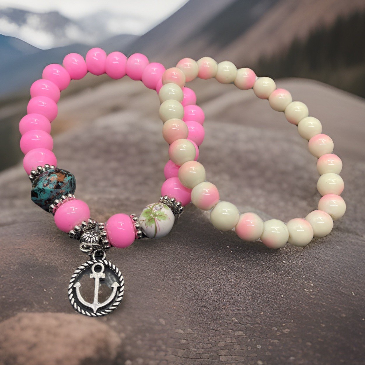 2 PC 6.5” Plus Stretch Charm Bracelet Set Bead Stackable New Free Ship C715