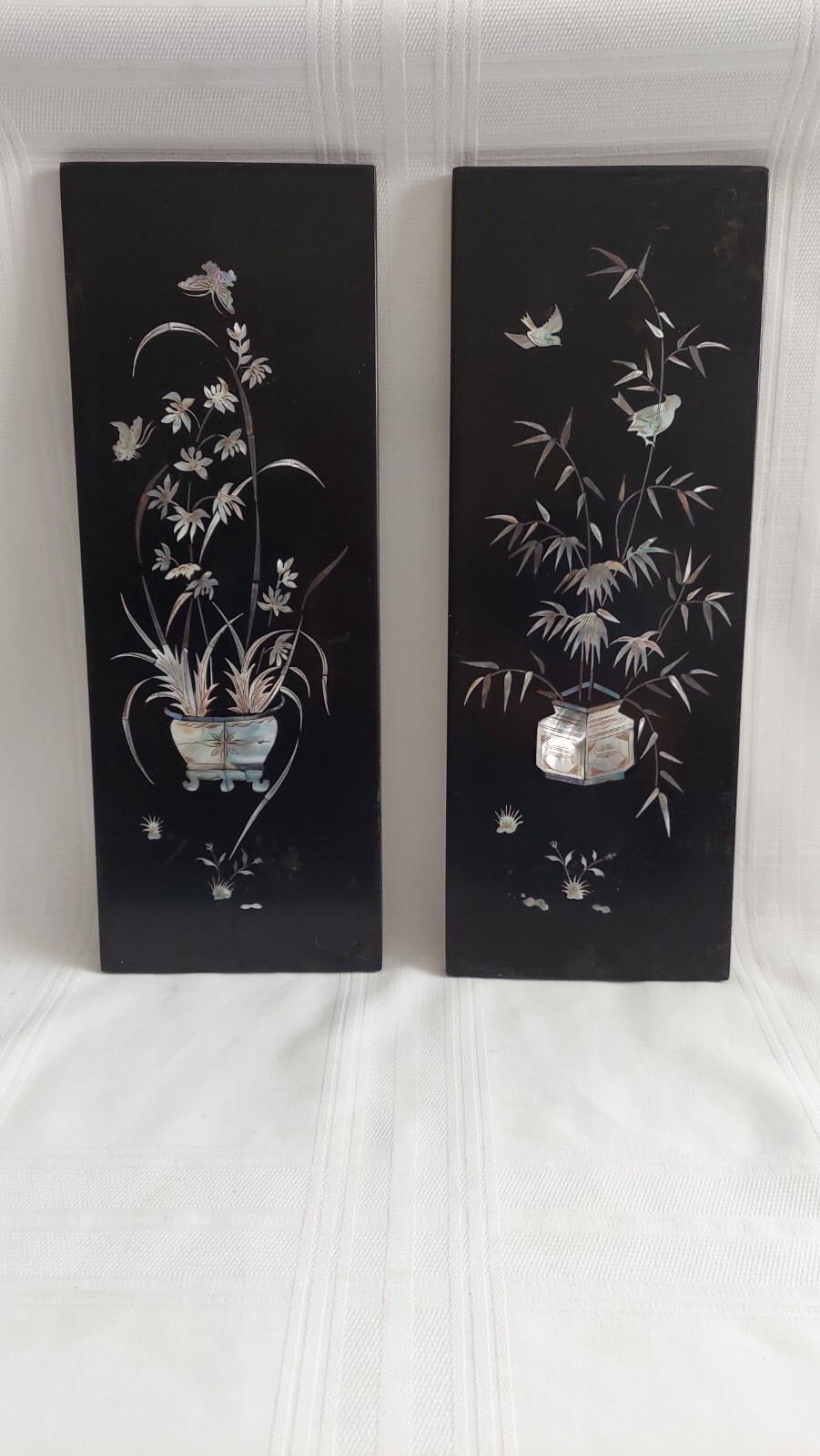 2 VTG Asian Mother of Pearl Floral Birds & Butterflies Wall Panels 15″x6″ (U14)