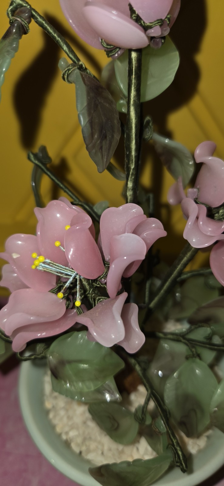 Vintage Chinese Jade & Glass Bonsai Tree Pink Flowers