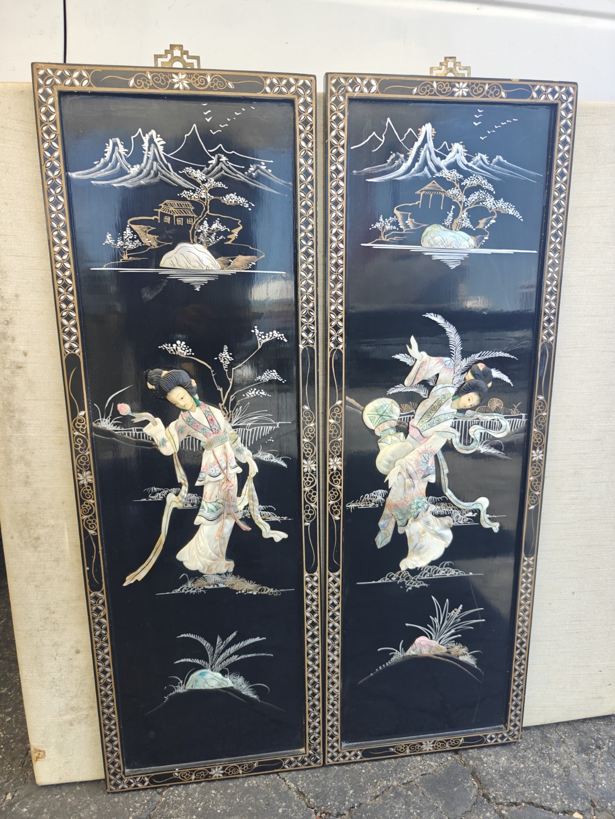 2 Vintage Mother Of Pearl Framed Art Wall Plaques Asian Black And Gold.