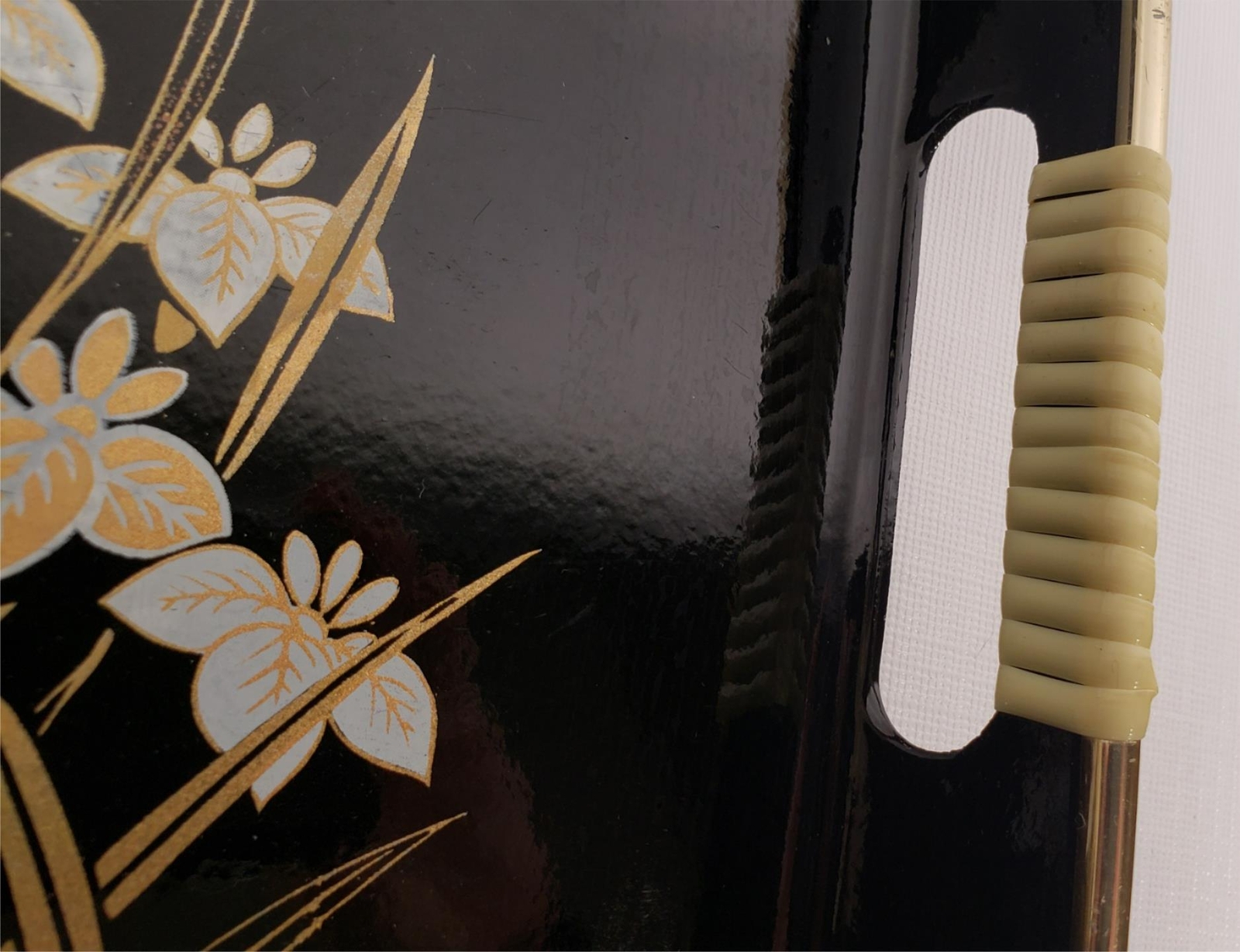 Tray Japan Floral Japanese Black Lacquer Plastic 18×11″ Handles Large A22