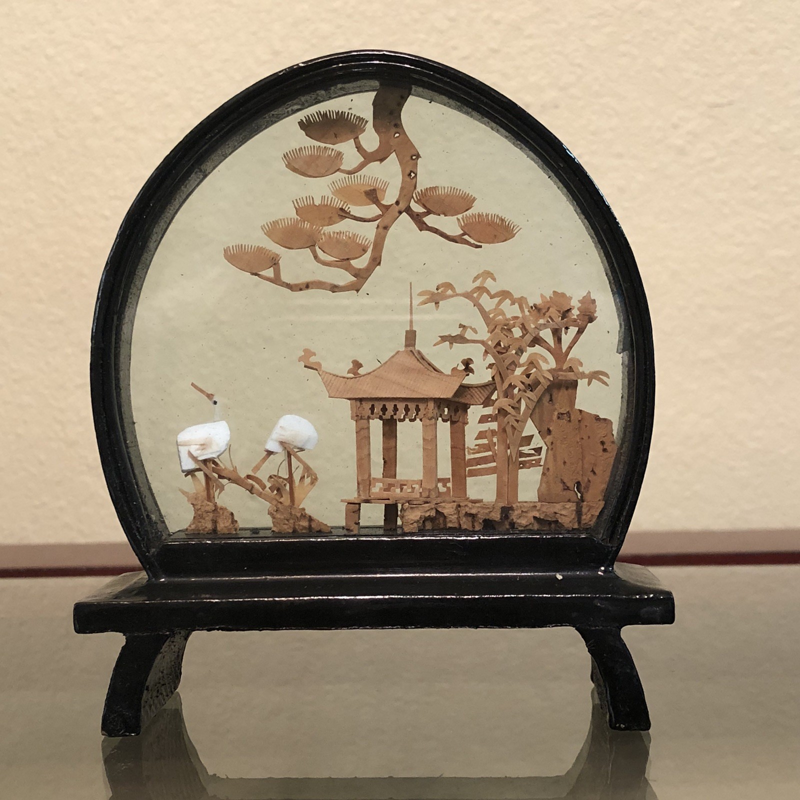 Vintage Chinese Cork Carving Art Diorama Pagoda Trees Cranes 4.25″ H