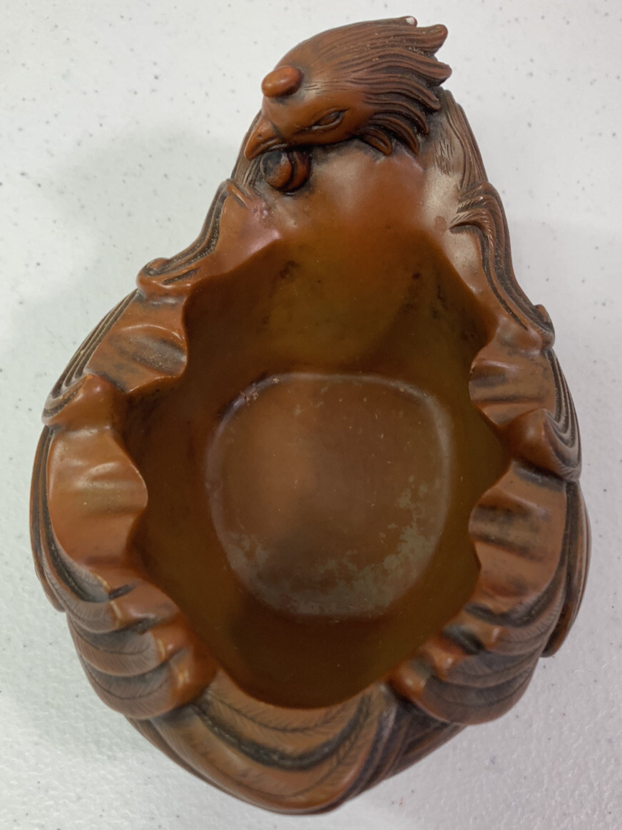 Vintage Chinese Boxwood Hand Carved Peng Bird Ashtray Trinket Box