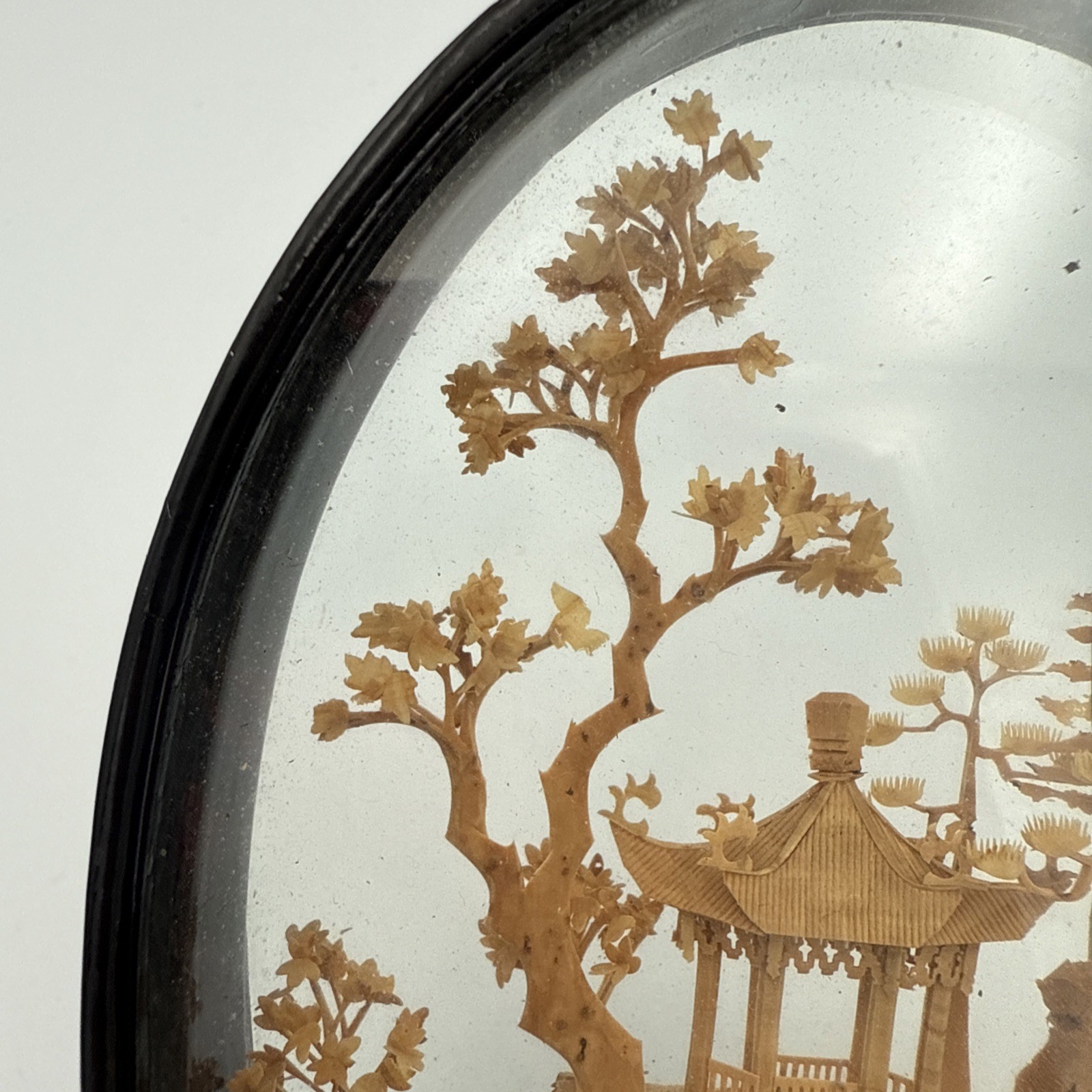 Vintage Chinese Diorama Cork Carving Glass Case Pagoda/Trees/Cranes 8”