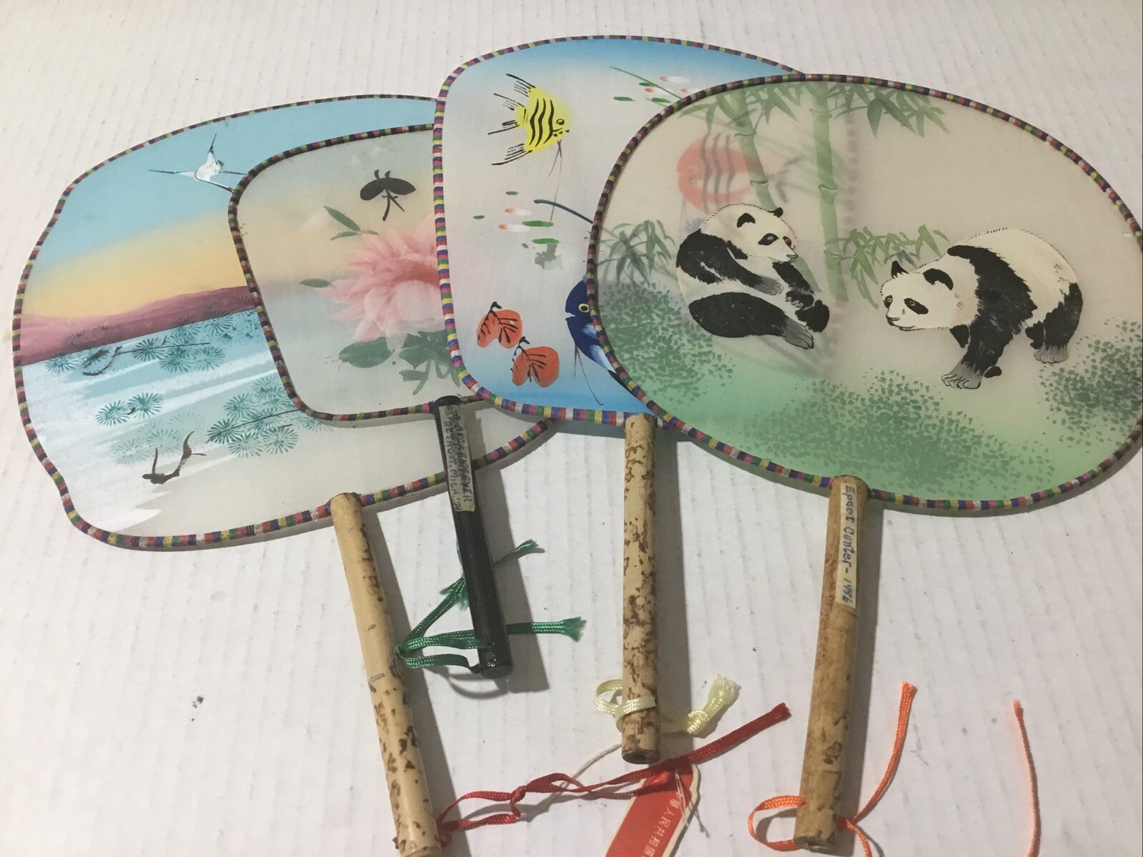 4 Vintage Silk Fans Pandas – Flower – Sea Scape – Sea Life.