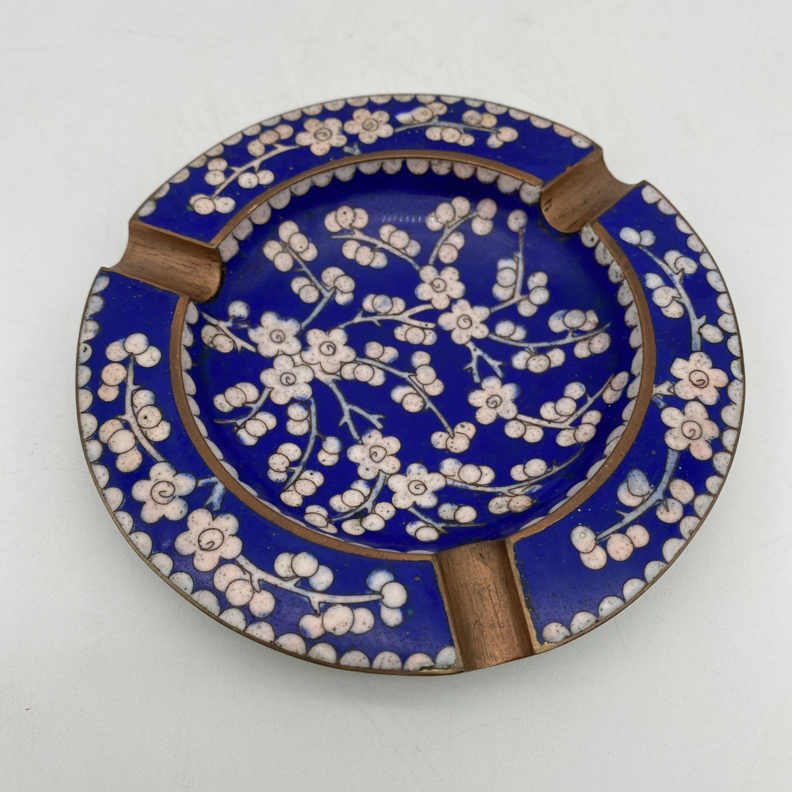 Vintage Chinese Cloisonné Blue Cherry Blossom Floral Enamel Ashtray Signed China