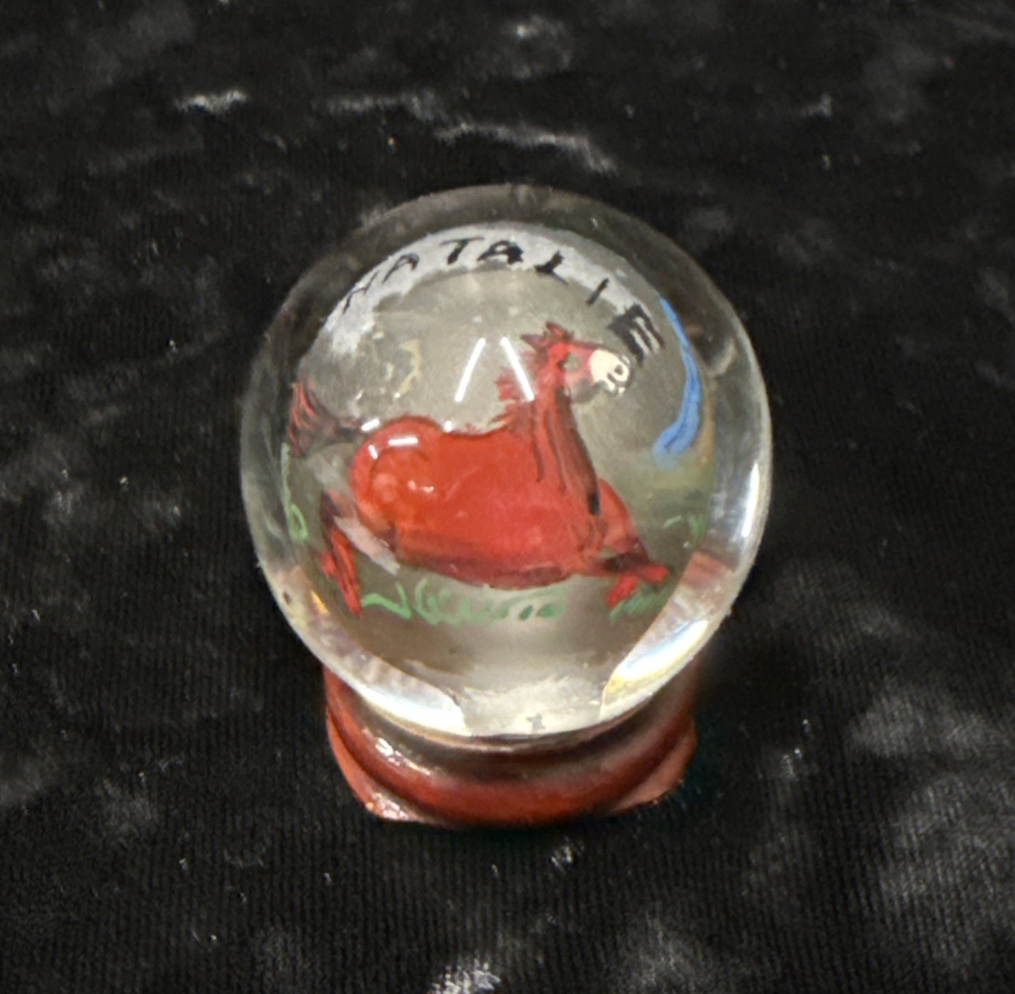 Chinese reverse painted Glass Ball Sphere Orb Horse w/Stand 1 3/4″ x 1 1/2″