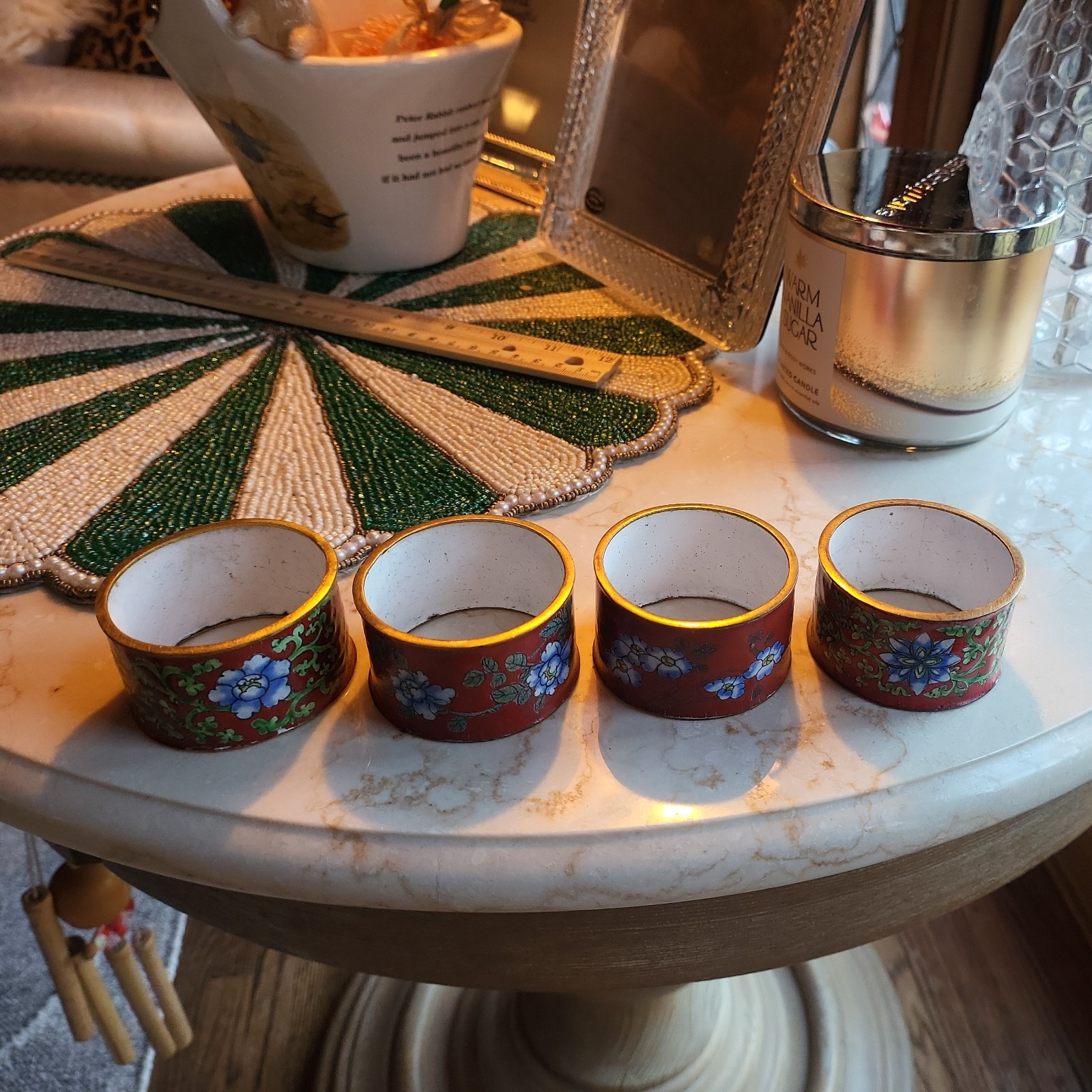 4 Vintage Cloisonné Napkin Ring Enamel red asian Floral Design Unique Multicolor