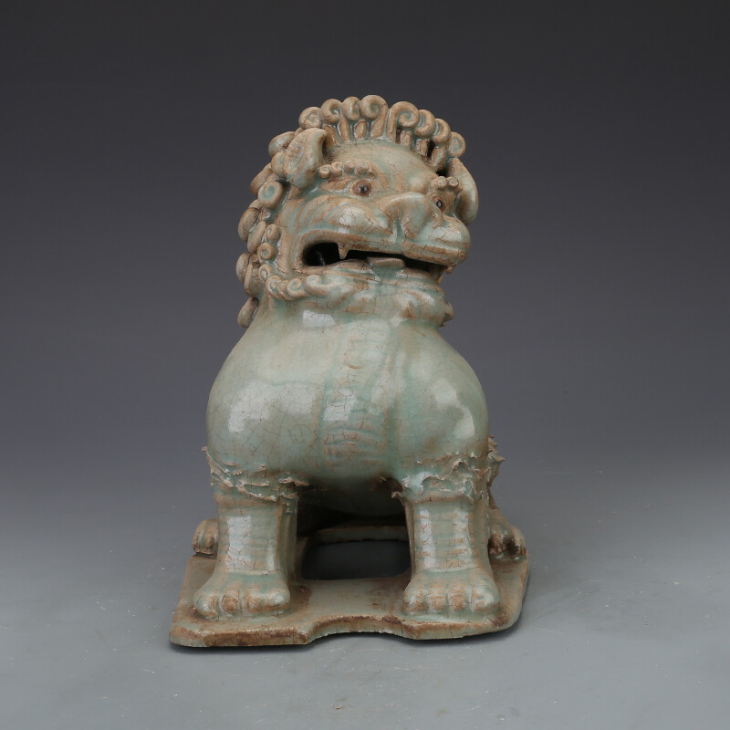 8.2″ Collect China Lavender Grey Glaze Porcelain Foo Fu Dog Guardion Lion Statue