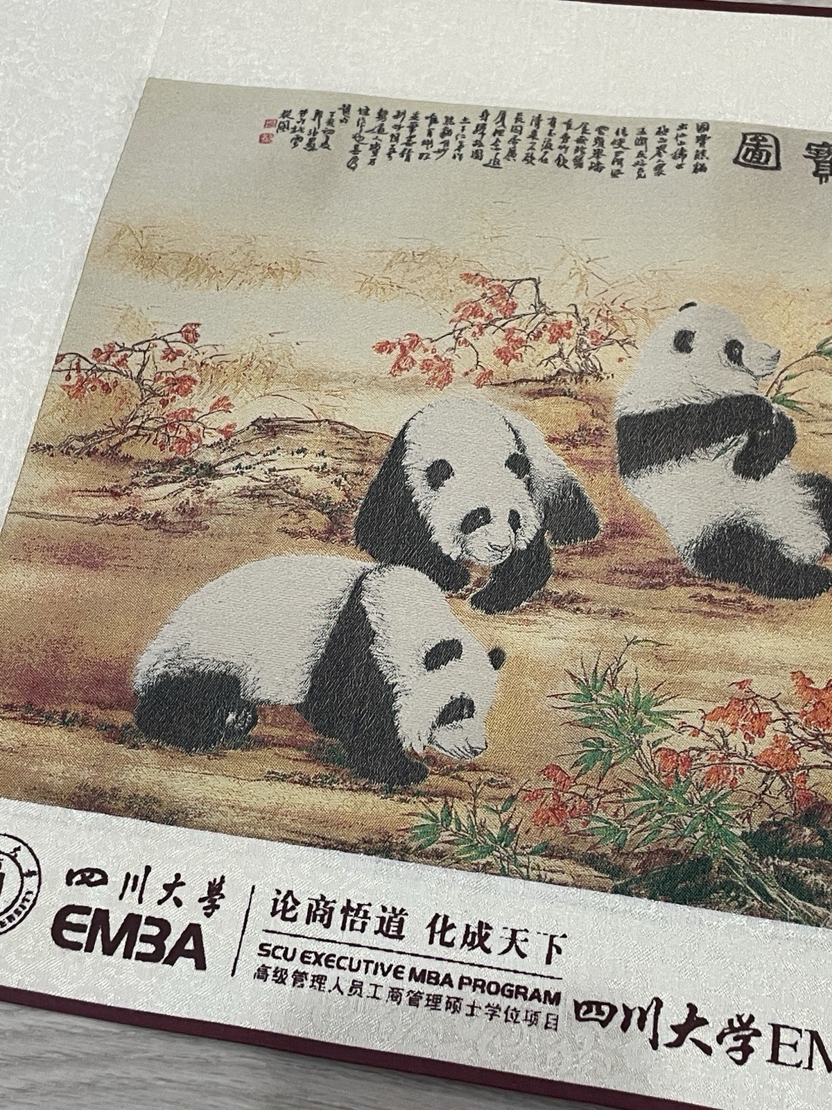 Chinese Shu Brocade Silk Scroll Pandas Wall Hanging Art Textile Presentation Box