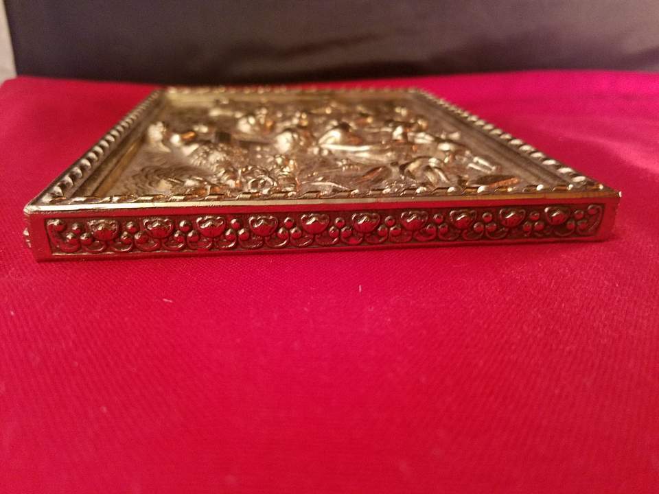 Vintage Couple with Dog & Two Cherubs Embossed Brass Trinket Box Cover Lid 6×5″