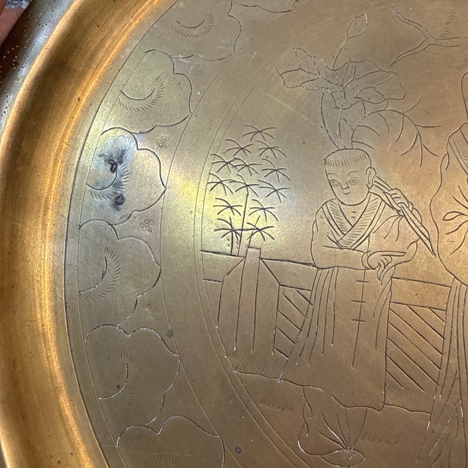 Vintage Chinese Brass Etched Tray Old Man & Boy 12”