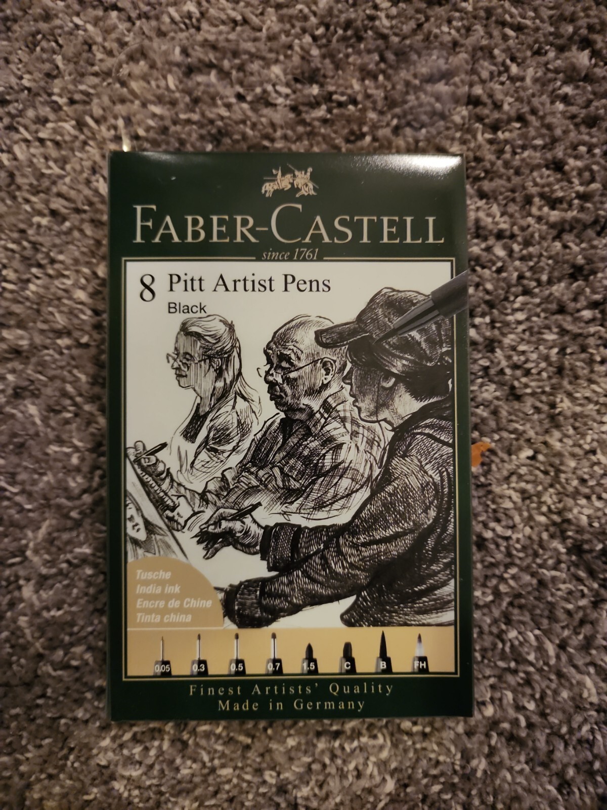Faber Castell Pitt Artist Pens, Black India Ink, 8 Piece Set, Assorted Sizes