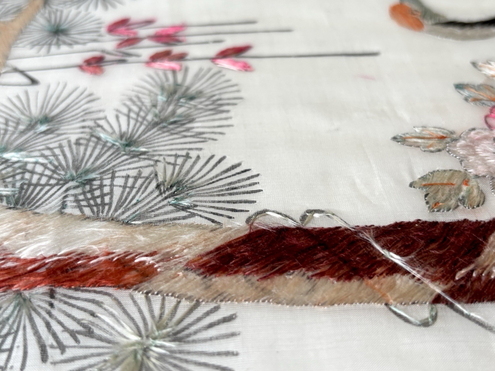 Antique Chinese Silk Embroidery Panel | Hand-Stitched Crane & Pine | 22” Textile