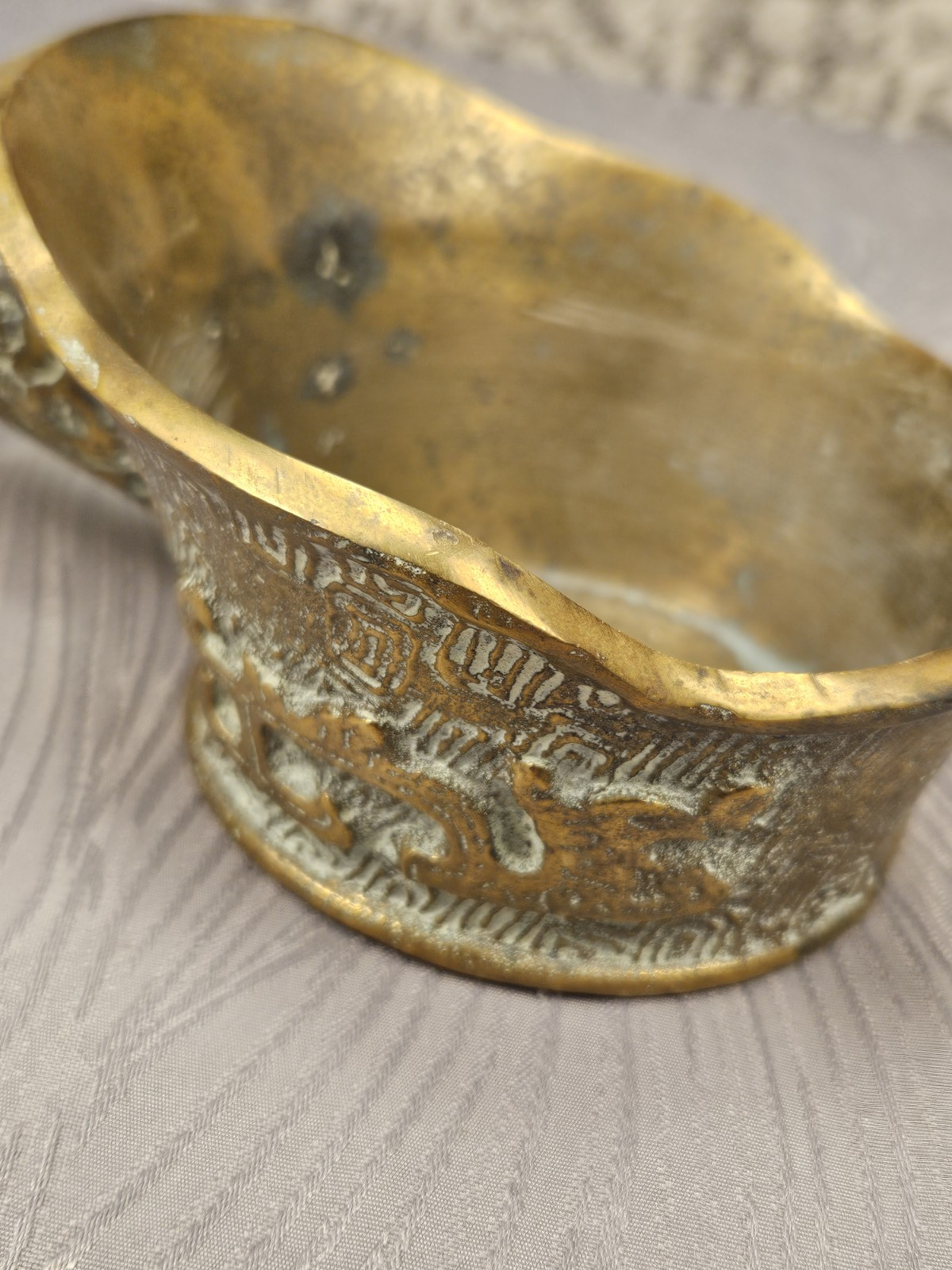 Vintage Chinese Brass Silk Iron w/ Wooden Hand Handle