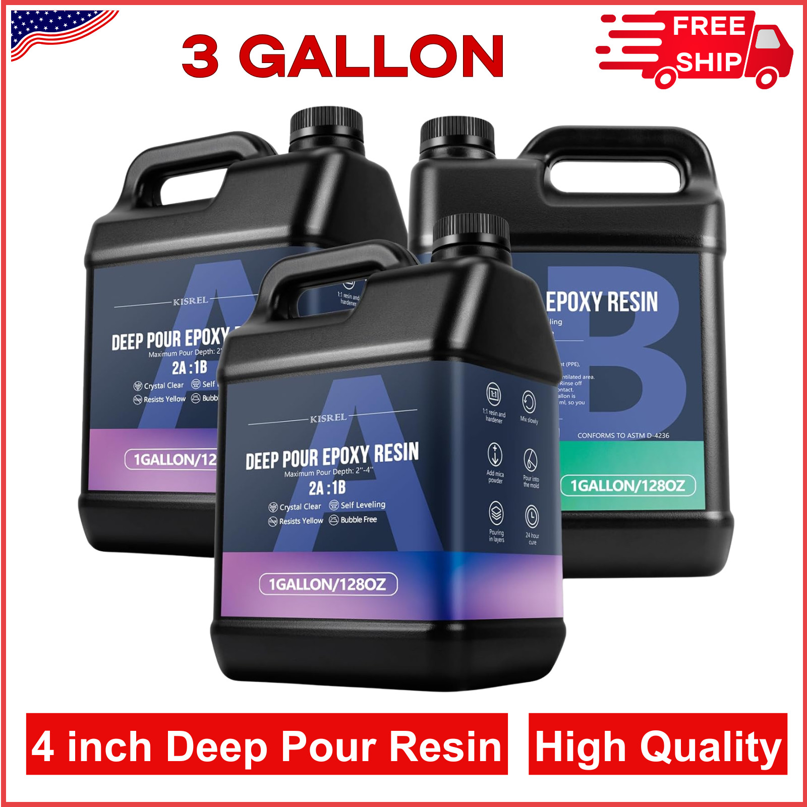 Deep Pour Epoxy Resin, 3 Gallon Resin Epoxy Kit (2:1) For 2-4 Inch Pour Depths