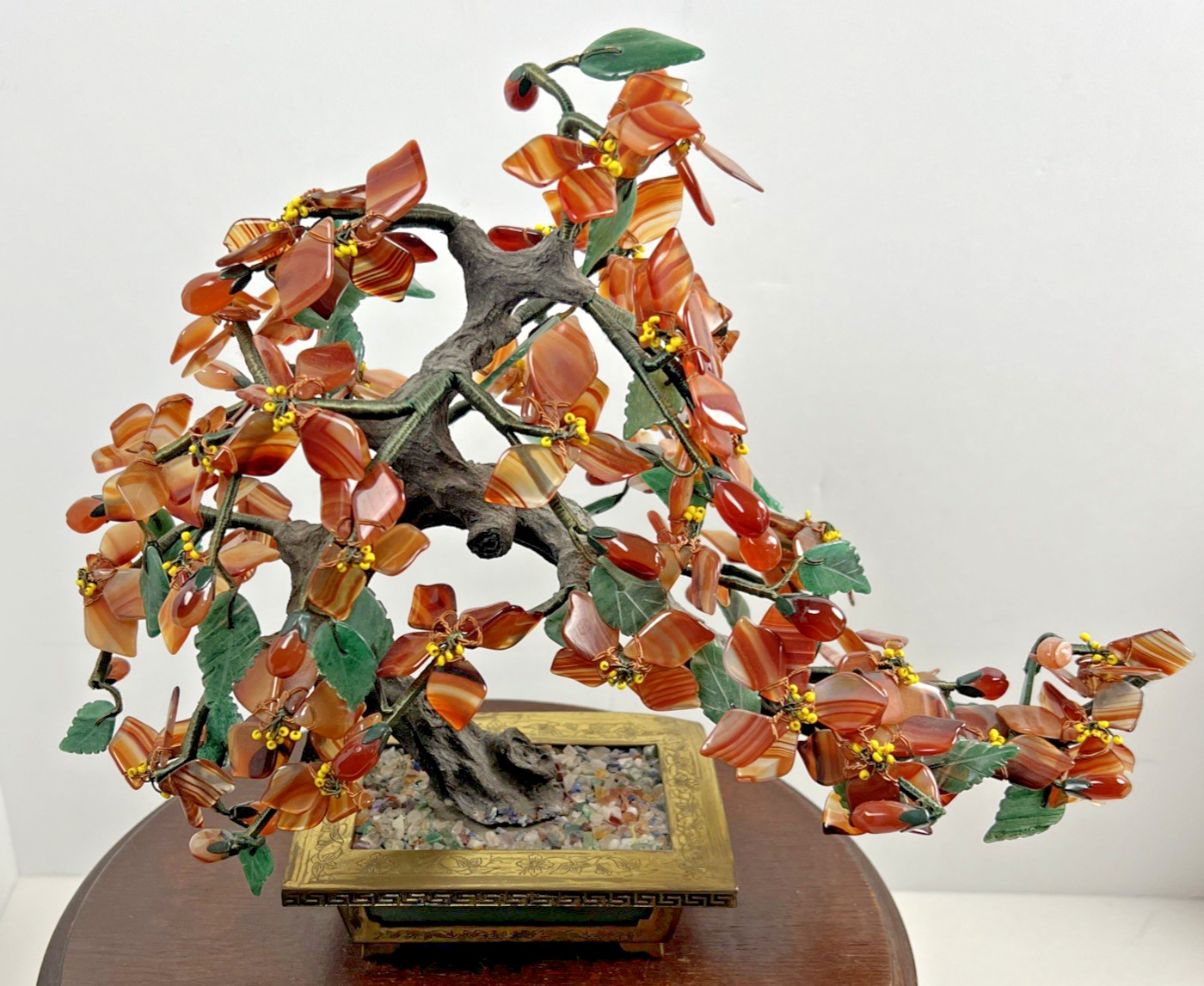 Vintage Carved Jade Tree Bonsai Flowers Brass Pot Agate Carnelian Fall Colors