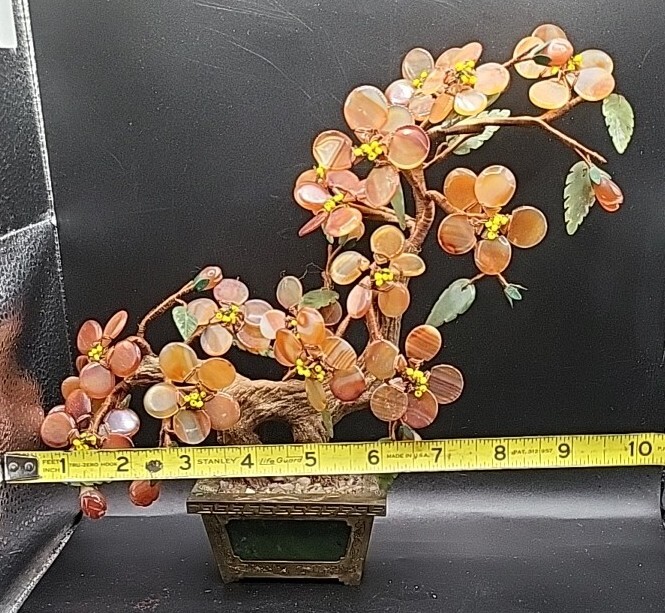 Chinese Carnelian & Green Nephrite Jade Bonsai Tree Brass Etched Base Hong Kong