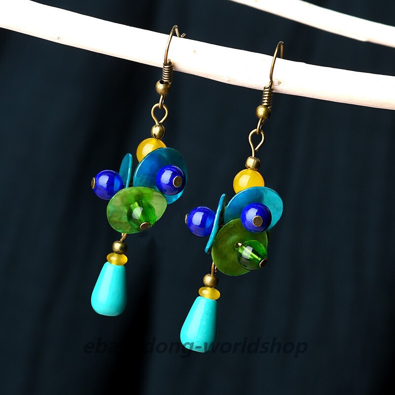 China Coloured Glaze/Turquoise/Conch Flower Tibetan Style Vogue Earbob Earrings