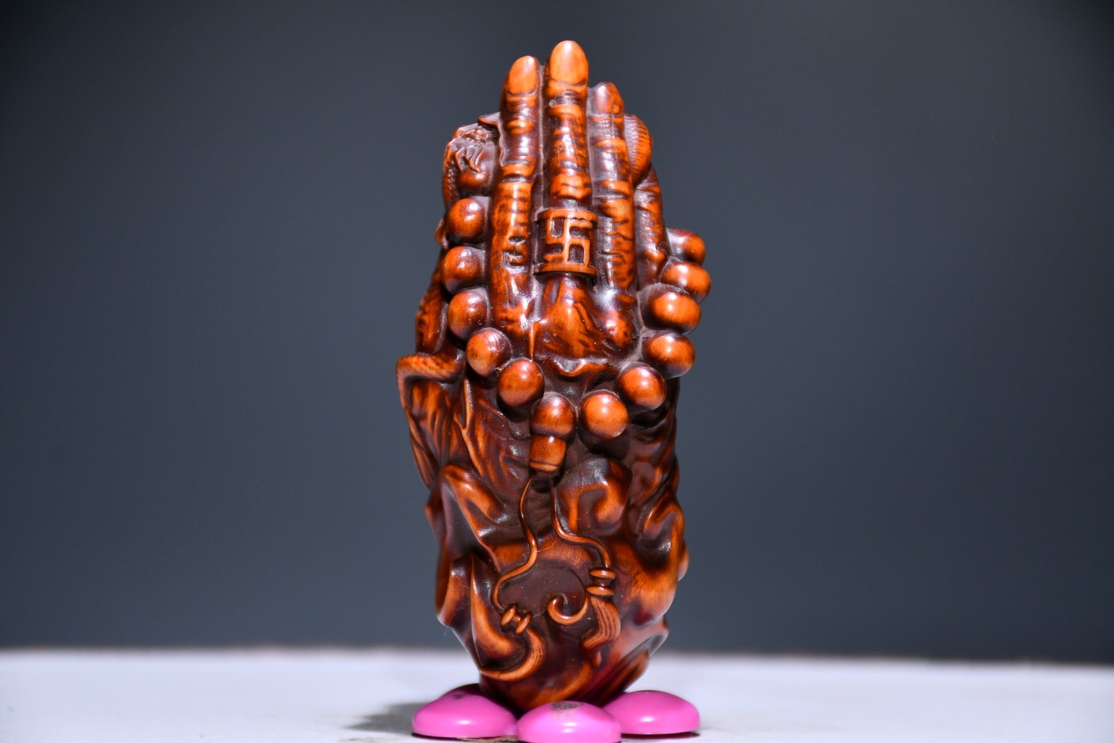 3.1″ Collect China Box-wood Carving Buddha’s-hand Prayer Beads Wish Statue