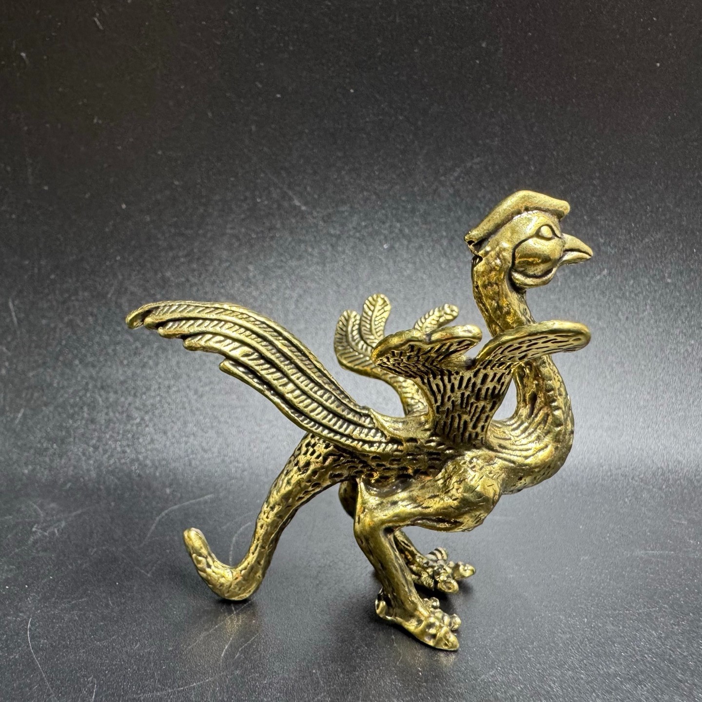 Vintage Solid Brass Phoenix Mini Figurine Chinese Feng Shui Auspicious Bird Desk