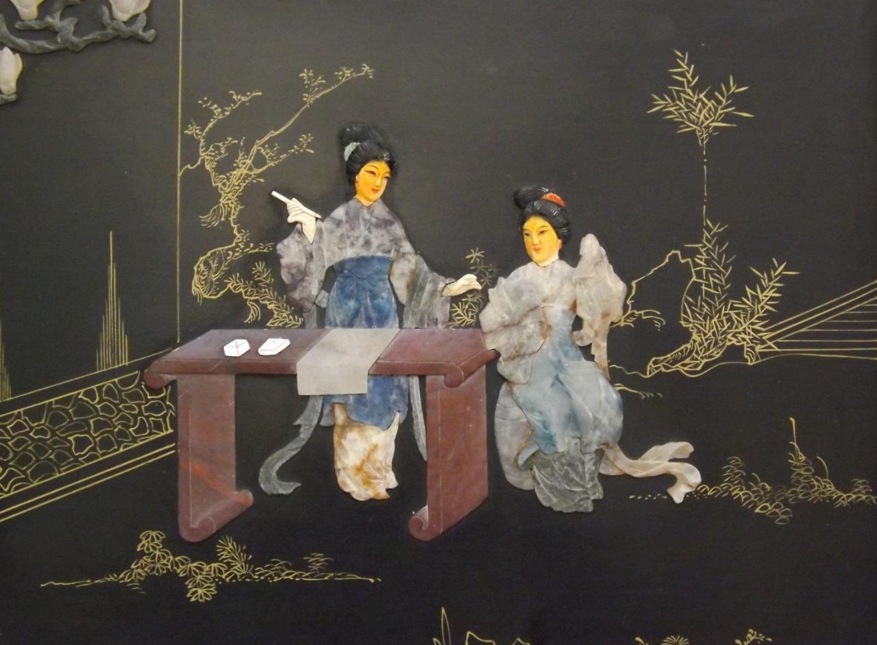 2 Asian Oriental Lacquer Mother of Pearl Wall Art Panels 14″ x 16″