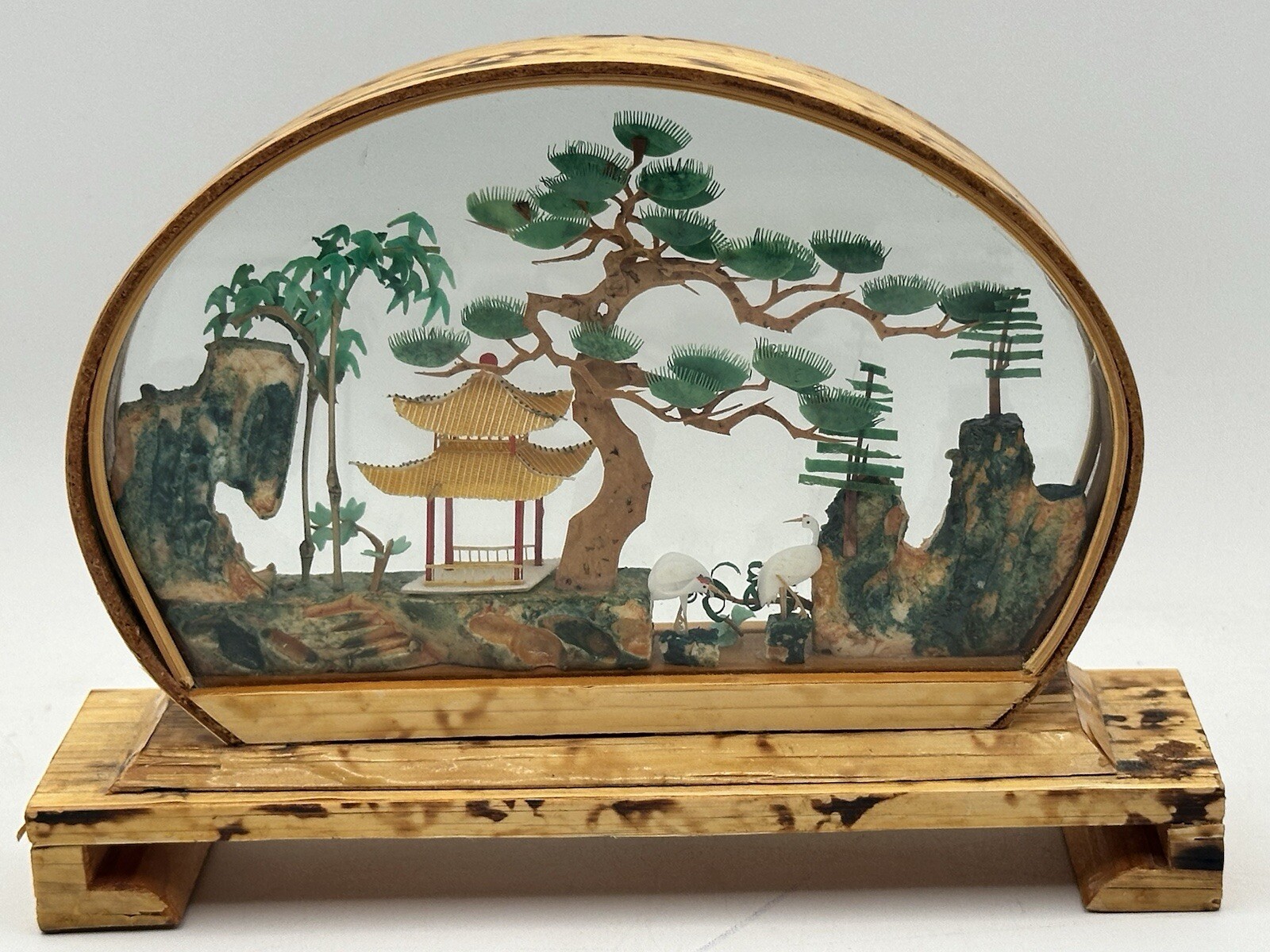 Vintage Oval Chinese Hand Carved Rock Cork And Paper Diorama Wood Tone Frame 3D