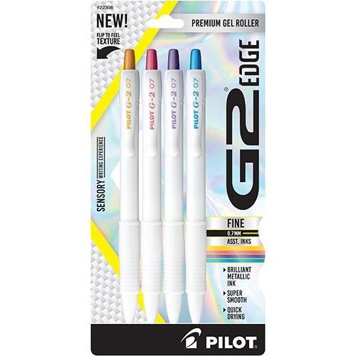 Pilot G2 Edge Metallics Gel Pen 0.7mm White Barrel Asst Inks 4/Pk Office School