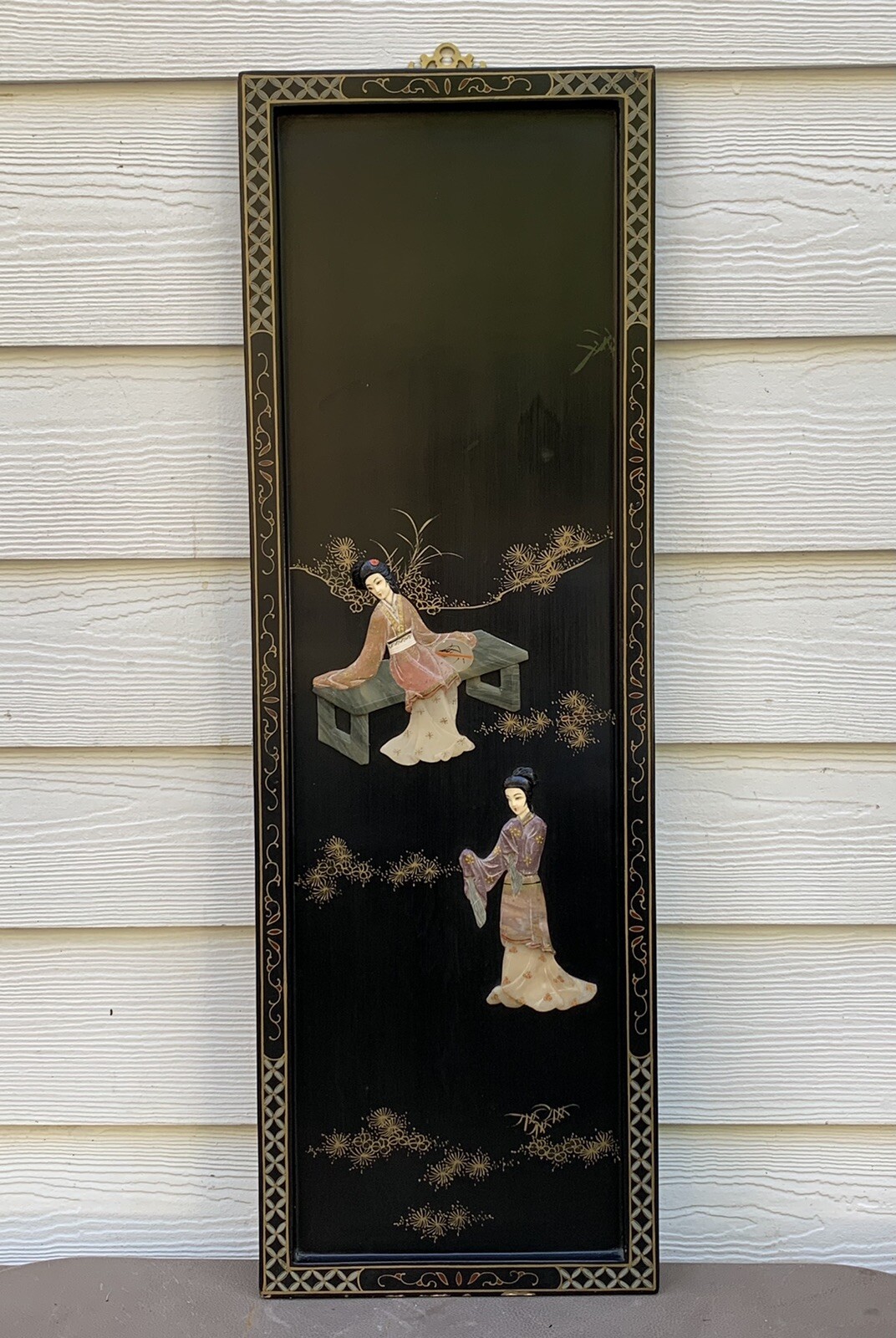 Vintage 1960’s Oriental Chinese Black Lacquer 3D Geisha Girls Wall Plaques