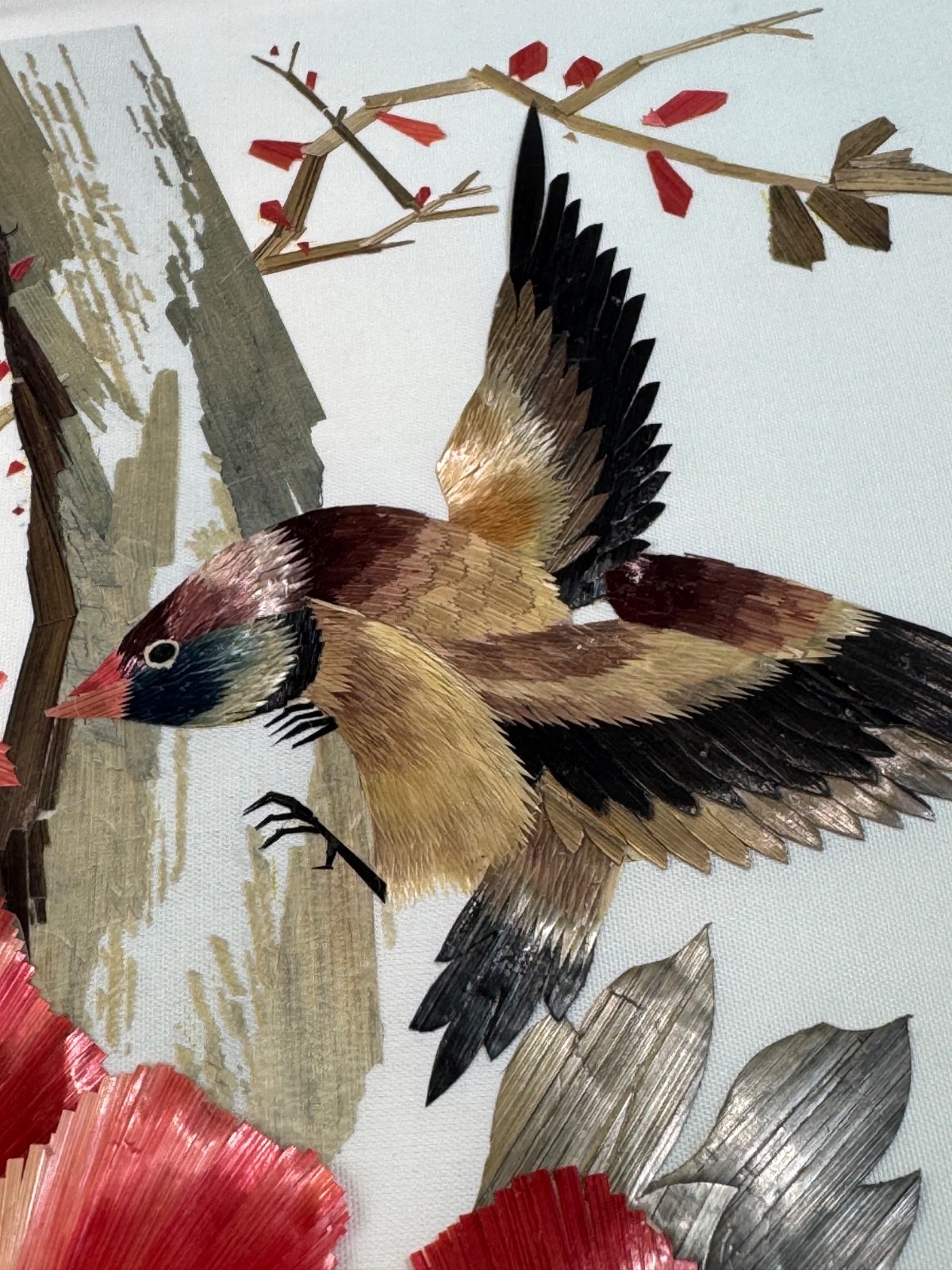 Vintage Chinese Wheat Straw Birds and Flowers Hand Crafted Art Panel 11×14 Inch