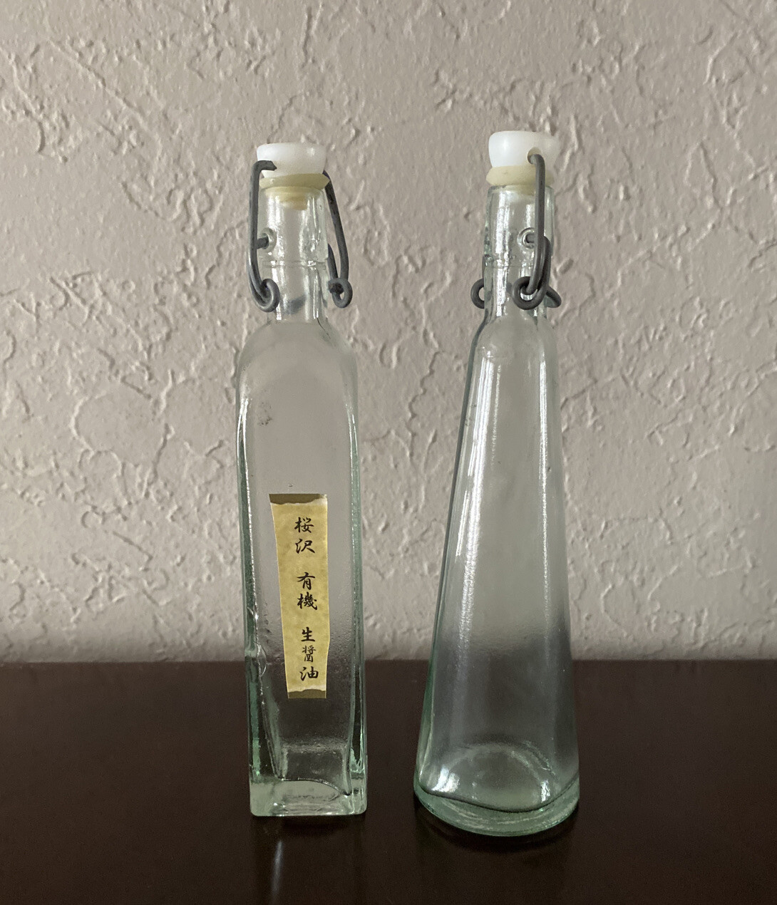 Vintage 2 Japanese Chinese Asian Glass Soy Bottles 70s- 80s Restaurant Not Used
