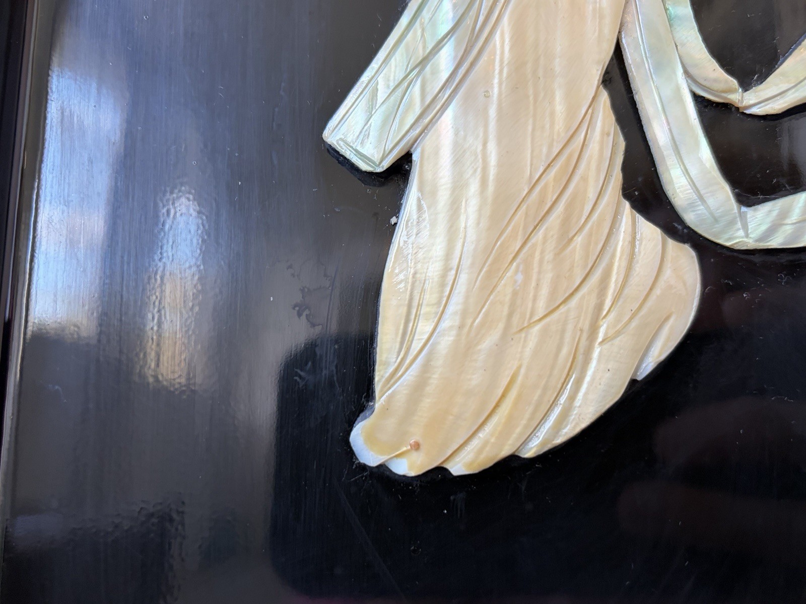 2 Vintage Asian Mother Of Pearl Inlay Black Lacquer Wooden Wall Panels