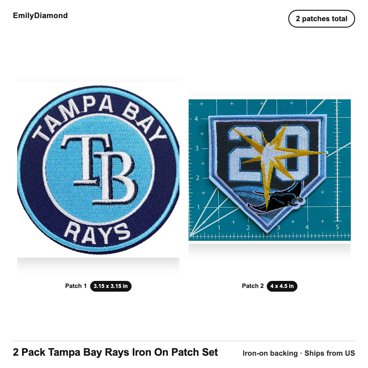 2 Pack Tampa Bay Rays Iron-on Patch Set Size 3.15 x 3.15 in