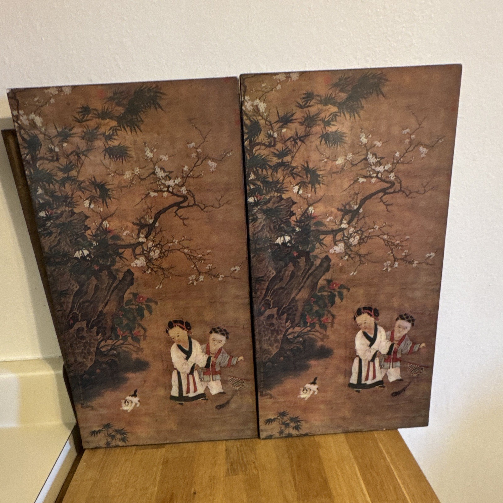 Chinese-Style Painted Wood Panel Pair Wall Art, Children Under Blossom Tree