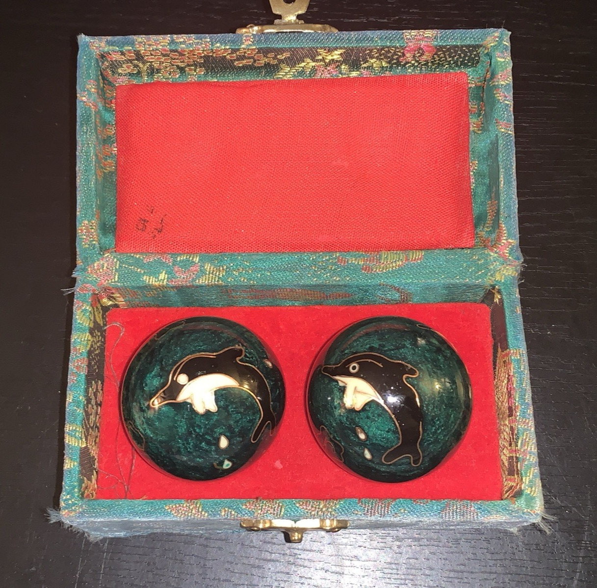 Vintage Chinese Cloisonné Baoding Balls with Chimes Green With Dolphins In Box