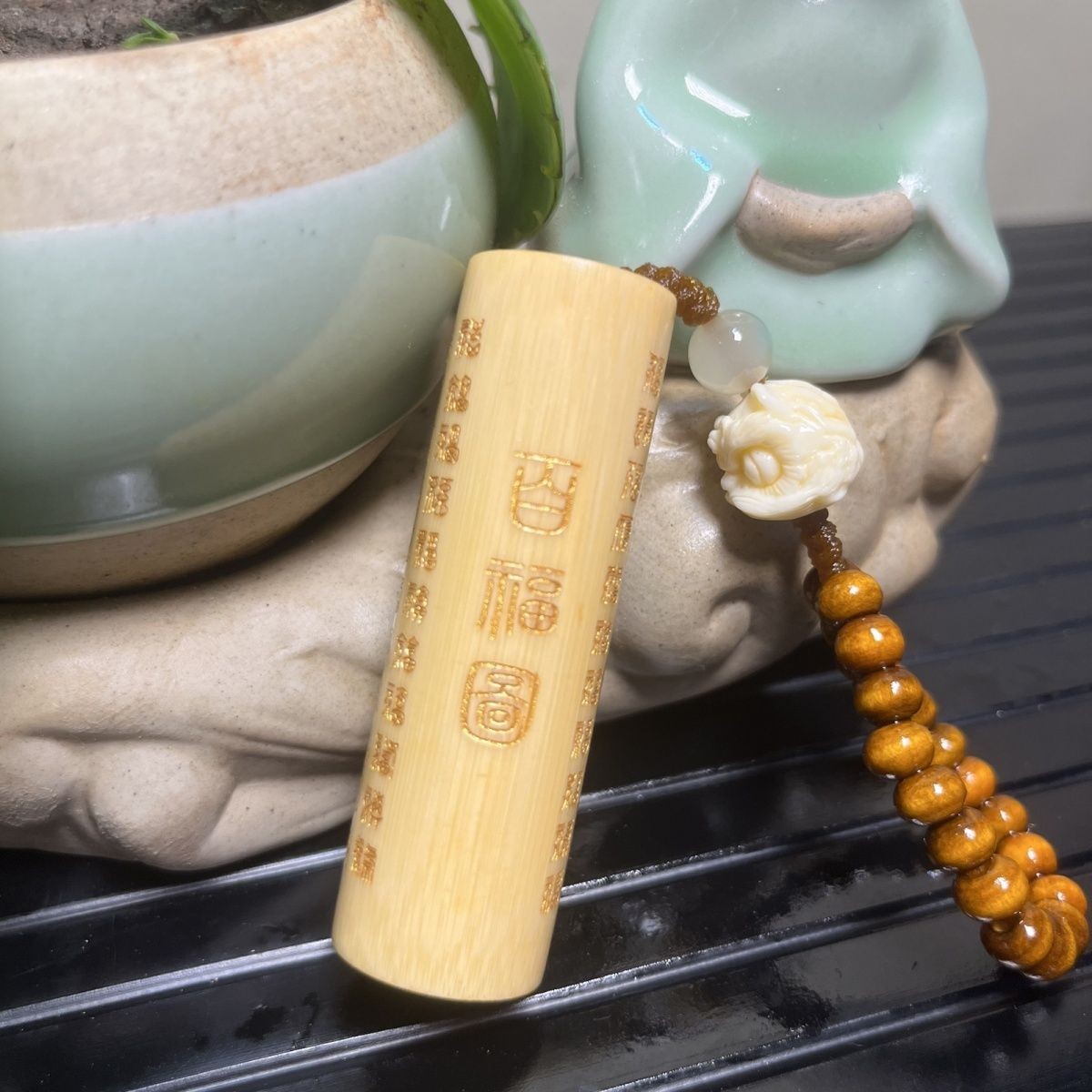 Premium Solid Jade Bamboo Hand-Carved Hundred Blessings Handle Piece Decorative