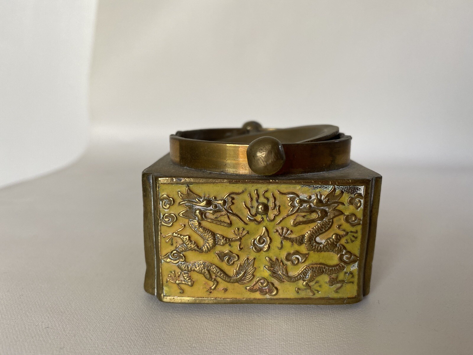 Antique Chinese Enamel Flip Top Ashtray With Eight Dragons Marked CHINA￼