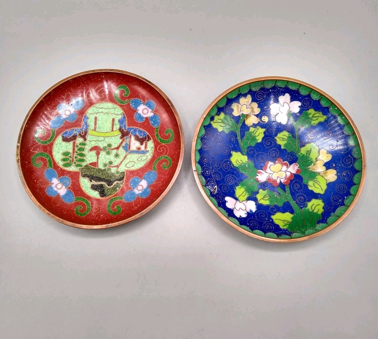 2 Vintage Chinese Cloisonné Enamel Dishes floral and landscape scene 3.75”